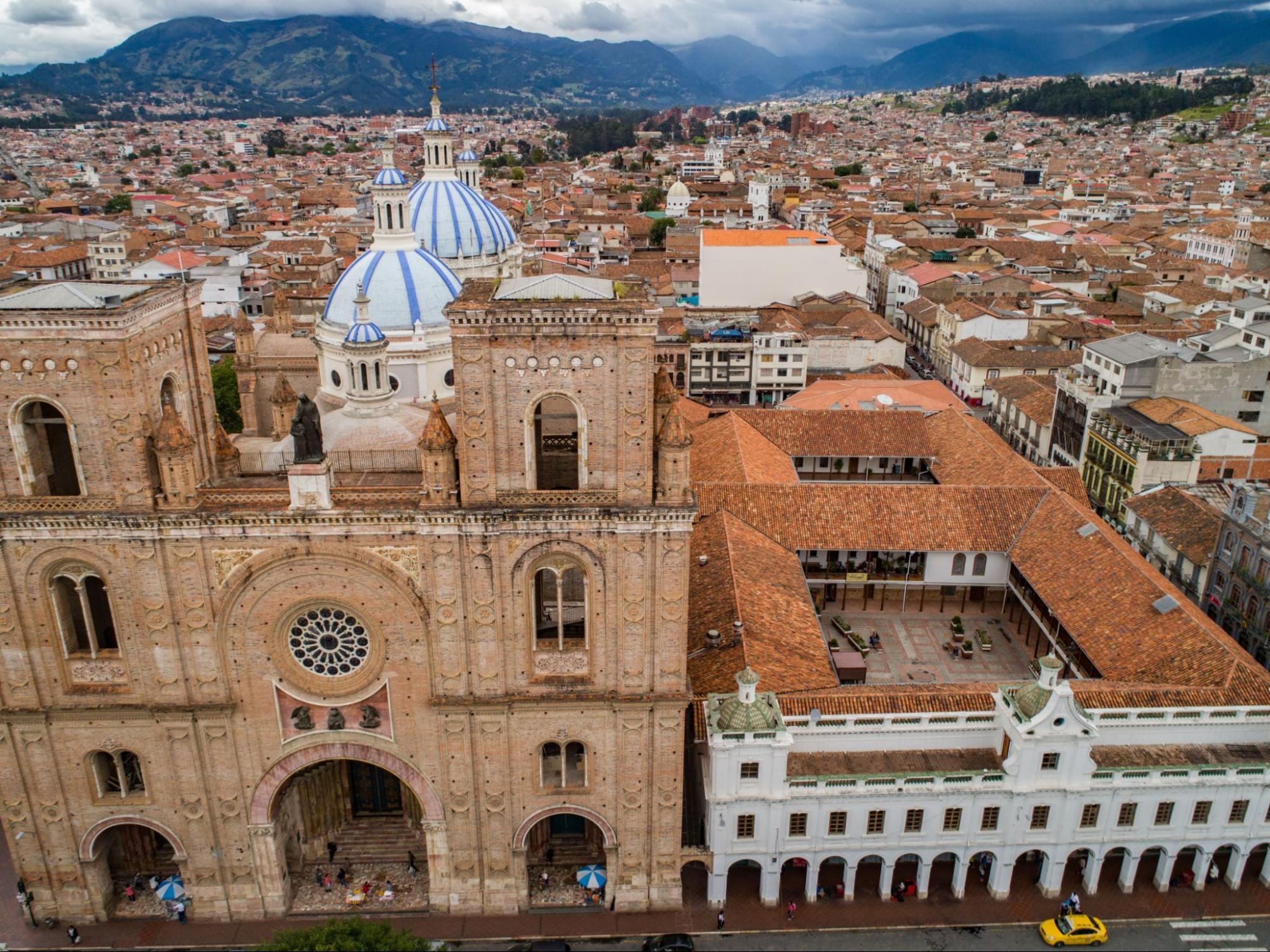 Aerial drone view of the iconic New Cathedral with blue domes