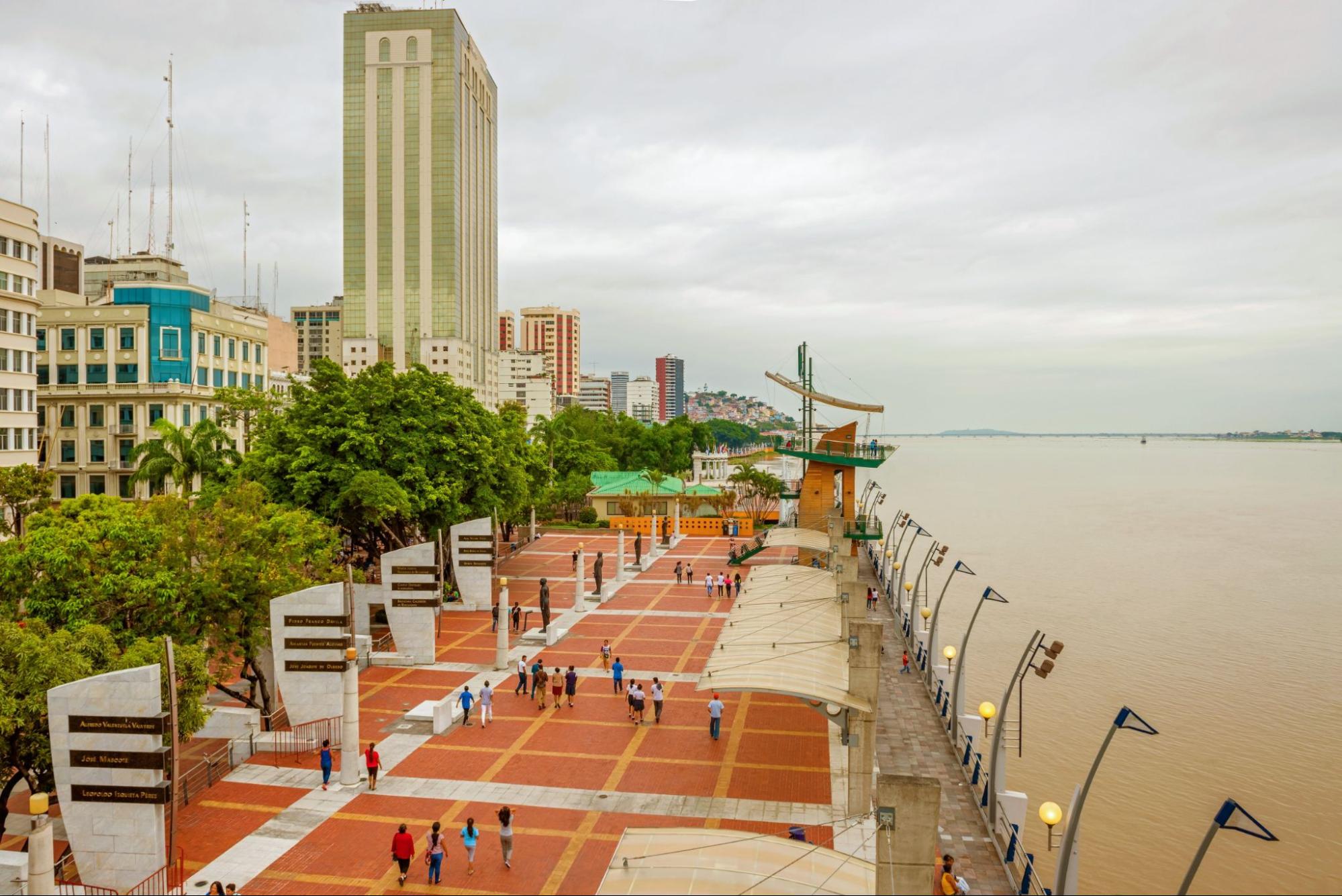 View at people walking at Malecon 2000. It is the name given to boardwalk overlooking the Guayas River in the Ecuadorian port city of Guayaquil
